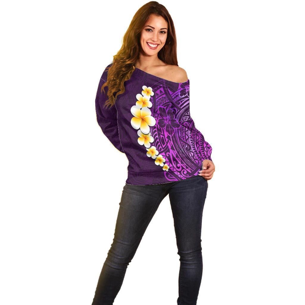 Purple Tropical Plumeria With Galaxy Polynesian Art Off Shoulder Sweater - Wonder Print Shop