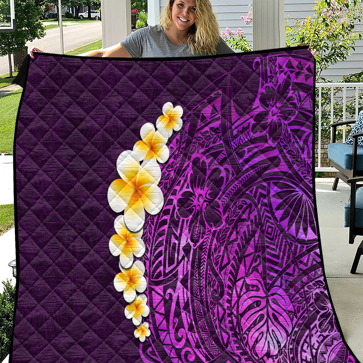 Purple Tropical Plumeria With Galaxy Polynesian Art Quilt - Wonder Print Shop