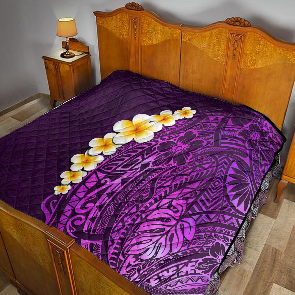 Purple Tropical Plumeria With Galaxy Polynesian Art Quilt - Wonder Print Shop