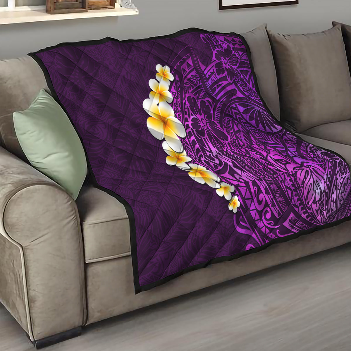 Purple Tropical Plumeria With Galaxy Polynesian Art Quilt - Wonder Print Shop