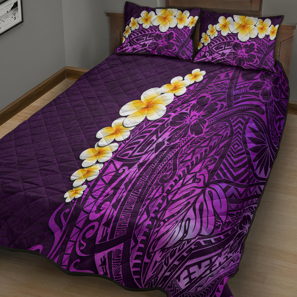 Purple Tropical Plumeria With Galaxy Polynesian Art Quilt Bed Set - Wonder Print Shop