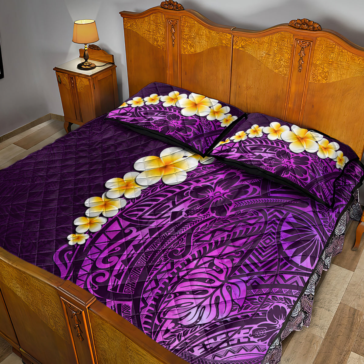 Purple Tropical Plumeria With Galaxy Polynesian Art Quilt Bed Set - Wonder Print Shop