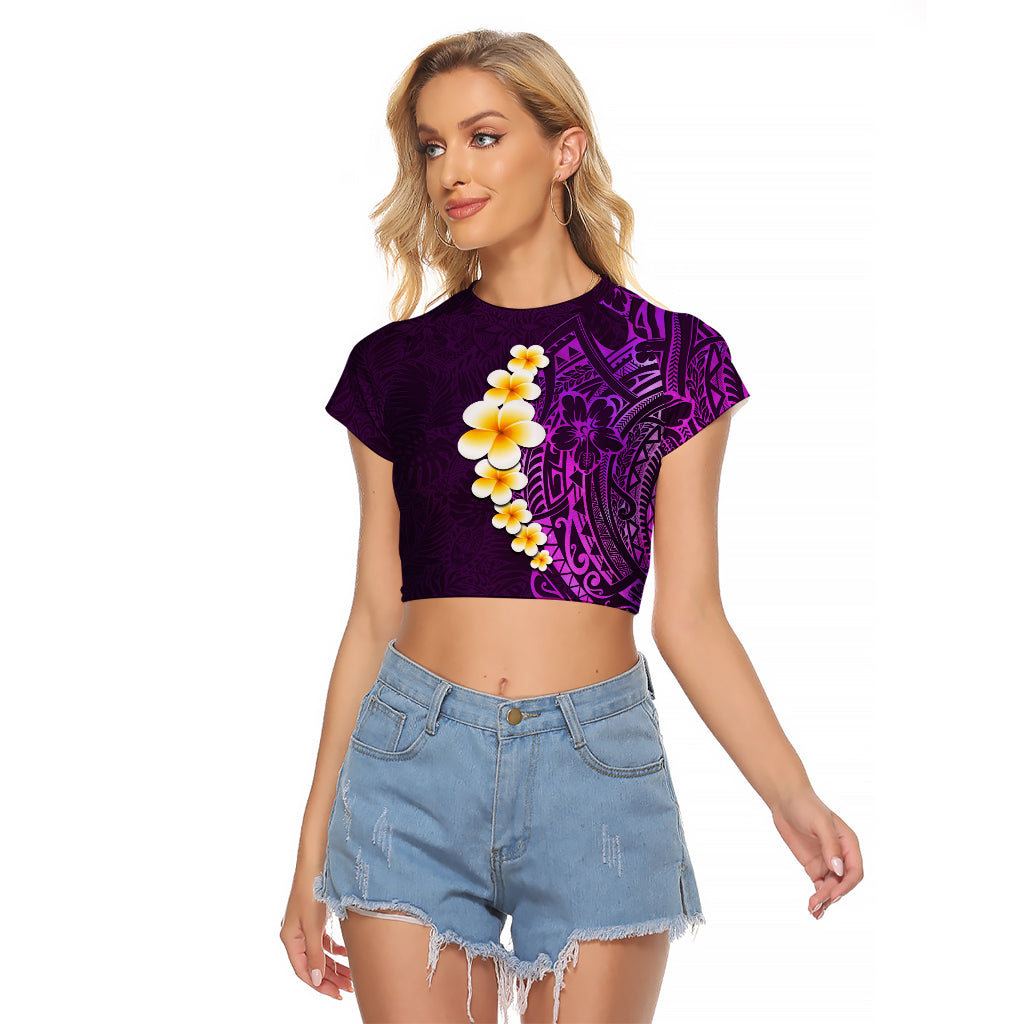Purple Tropical Plumeria With Galaxy Polynesian Art Raglan Cropped T Shirt - Wonder Print Shop