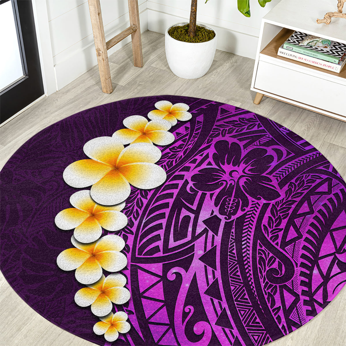 purple-tropical-plumeria-with-galaxy-polynesian-art-round-carpet