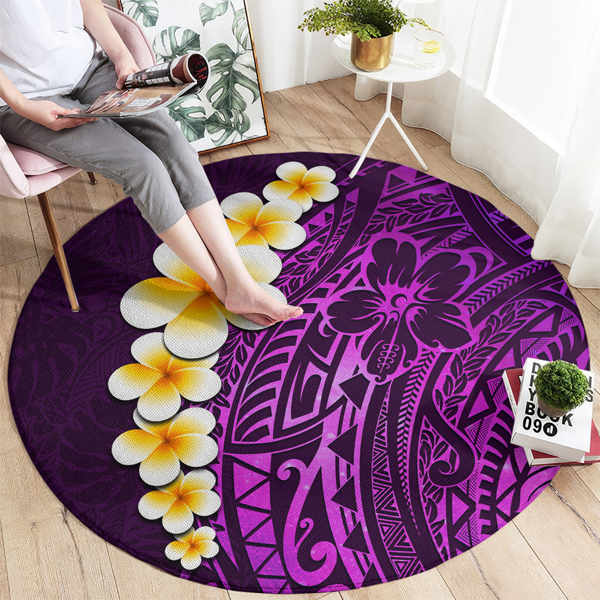 purple-tropical-plumeria-with-galaxy-polynesian-art-round-carpet