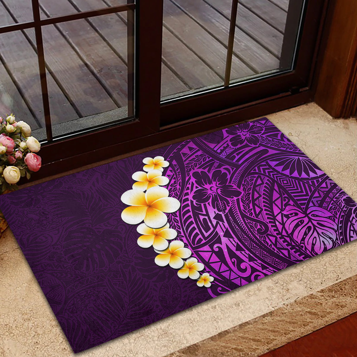 Purple Tropical Plumeria With Galaxy Polynesian Art Rubber Doormat - Wonder Print Shop