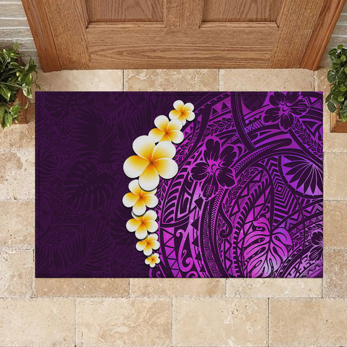 Purple Tropical Plumeria With Galaxy Polynesian Art Rubber Doormat - Wonder Print Shop