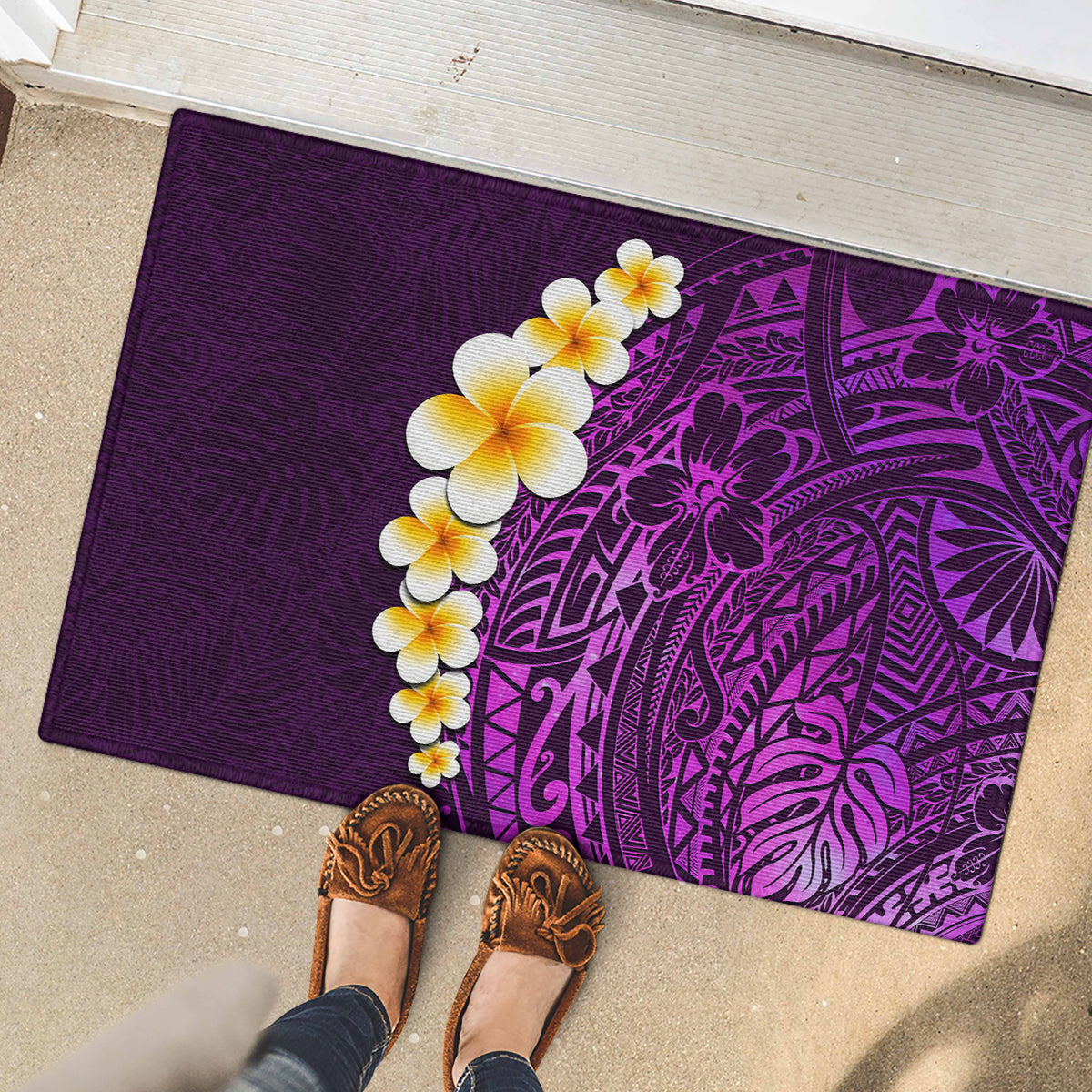 Purple Tropical Plumeria With Galaxy Polynesian Art Rubber Doormat - Wonder Print Shop