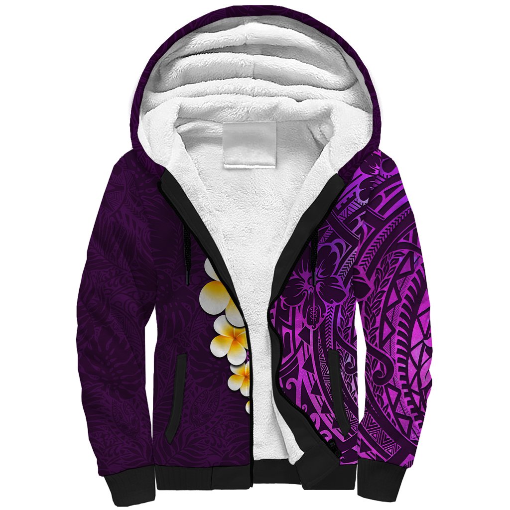 Purple Tropical Plumeria With Galaxy Polynesian Art Sherpa Hoodie - Wonder Print Shop