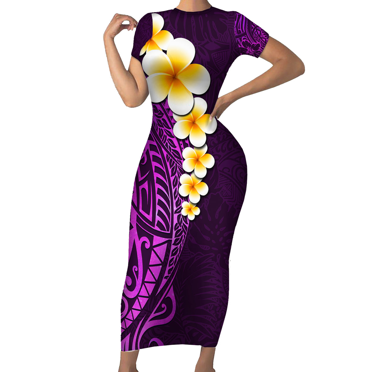 Purple Tropical Plumeria With Galaxy Polynesian Art Short Sleeve Bodycon Dress - Wonder Print Shop