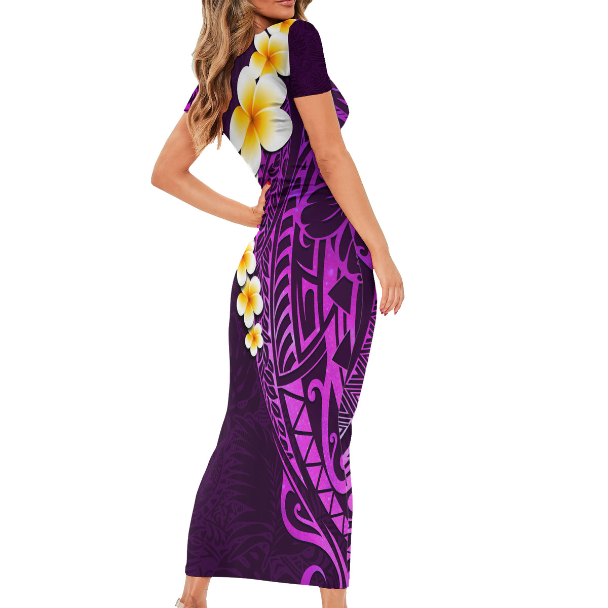 Purple Tropical Plumeria With Galaxy Polynesian Art Short Sleeve Bodycon Dress - Wonder Print Shop