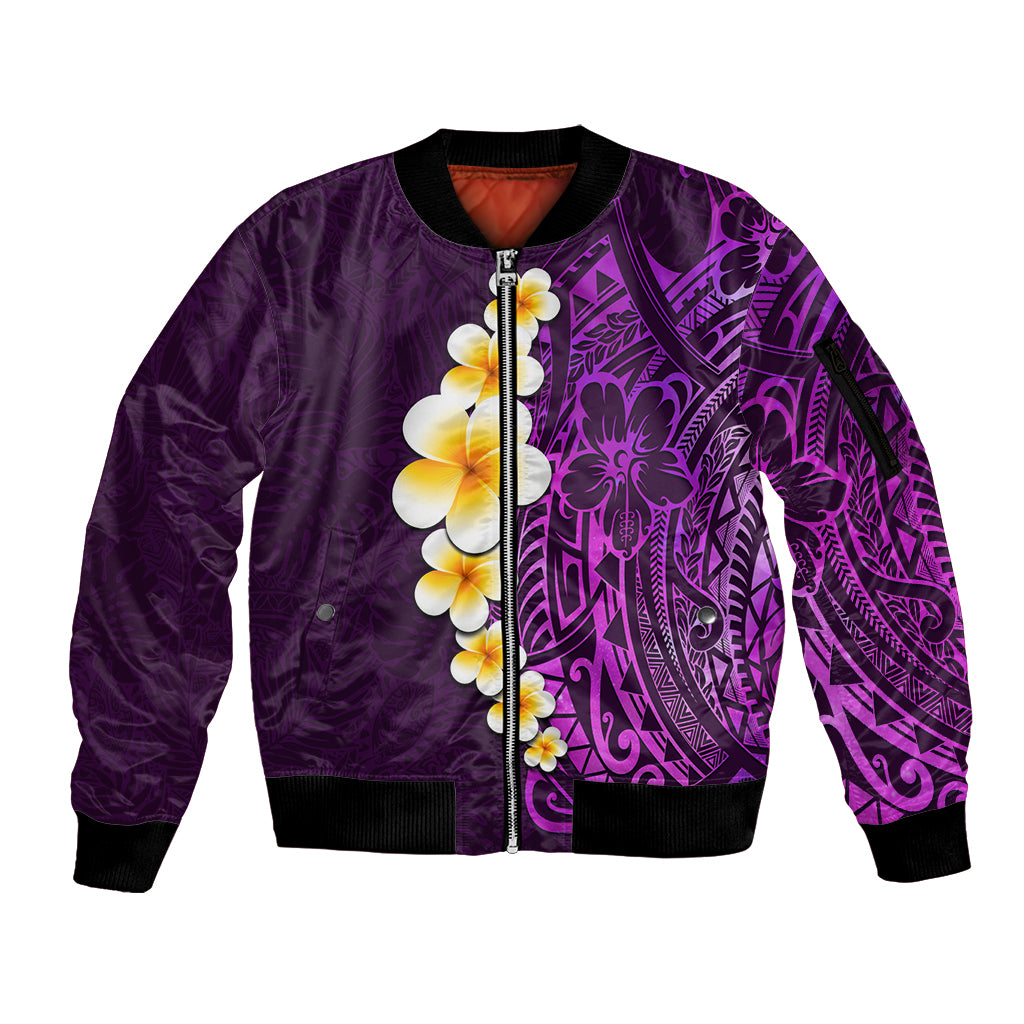 Purple Tropical Plumeria With Galaxy Polynesian Art Sleeve Zip Bomber Jacket - Wonder Print Shop