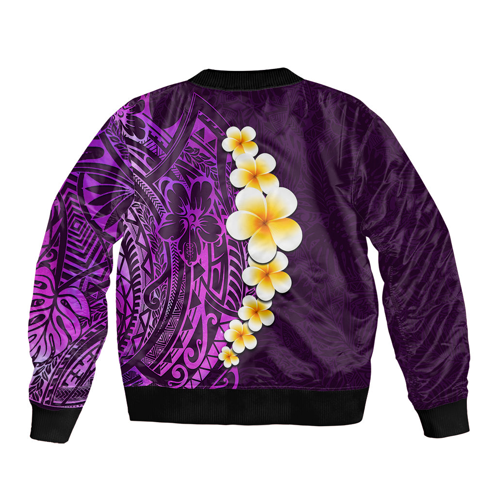 Purple Tropical Plumeria With Galaxy Polynesian Art Sleeve Zip Bomber Jacket - Wonder Print Shop