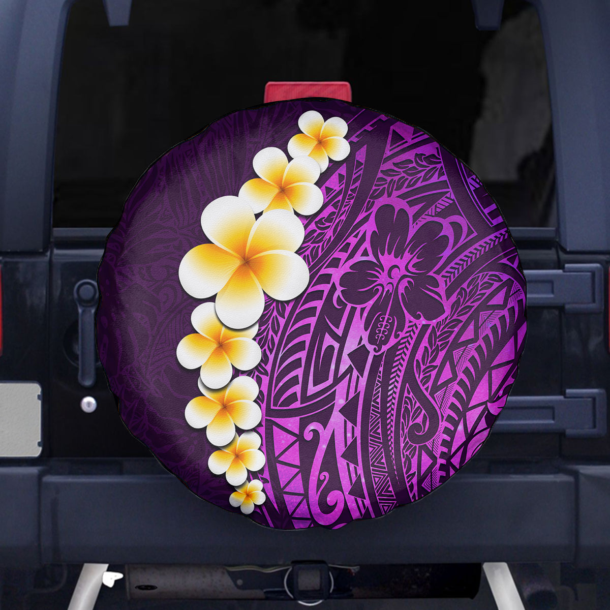 Purple Tropical Plumeria With Galaxy Polynesian Art Spare Tire Cover - Wonder Print Shop