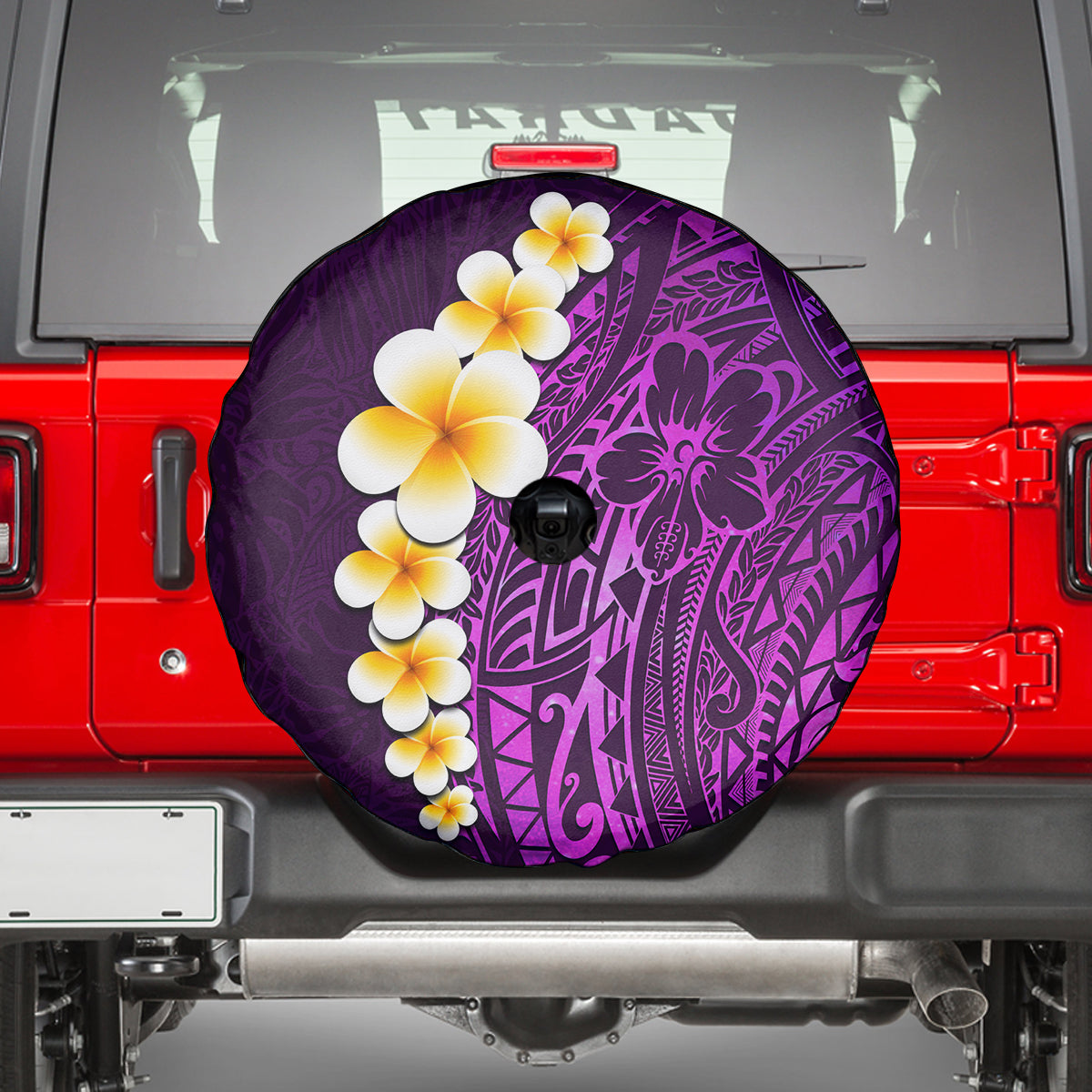 Purple Tropical Plumeria With Galaxy Polynesian Art Spare Tire Cover - Wonder Print Shop