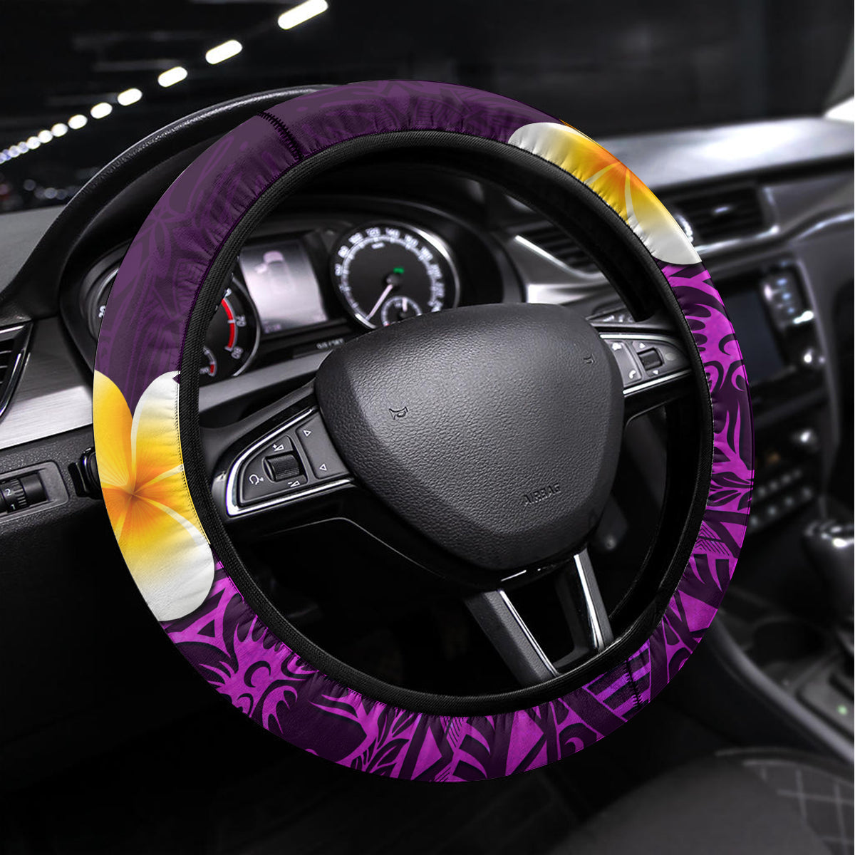 Purple Tropical Plumeria With Galaxy Polynesian Art Steering Wheel Cover - Wonder Print Shop