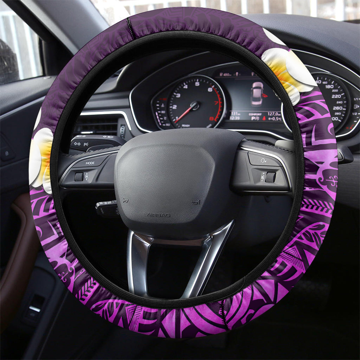 Purple Tropical Plumeria With Galaxy Polynesian Art Steering Wheel Cover - Wonder Print Shop
