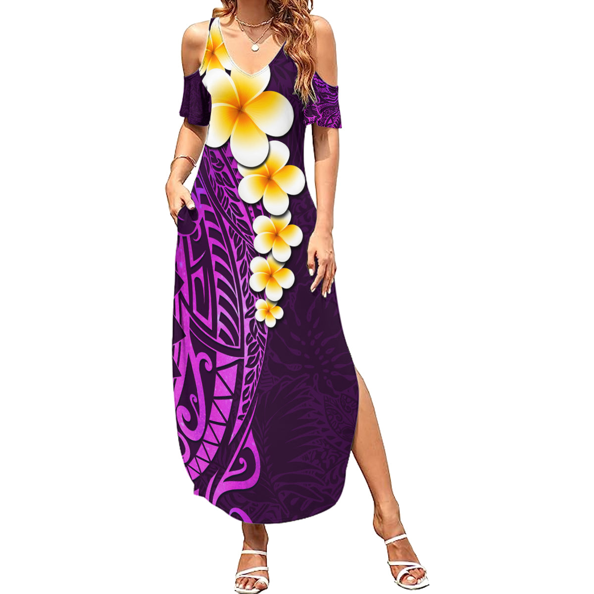 Purple Tropical Plumeria With Galaxy Polynesian Art Summer Maxi Dress - Wonder Print Shop