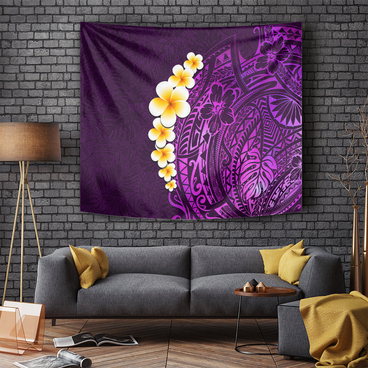 Purple Tropical Plumeria With Galaxy Polynesian Art Tapestry - Wonder Print Shop