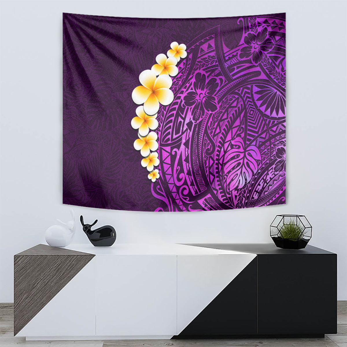 Purple Tropical Plumeria With Galaxy Polynesian Art Tapestry - Wonder Print Shop