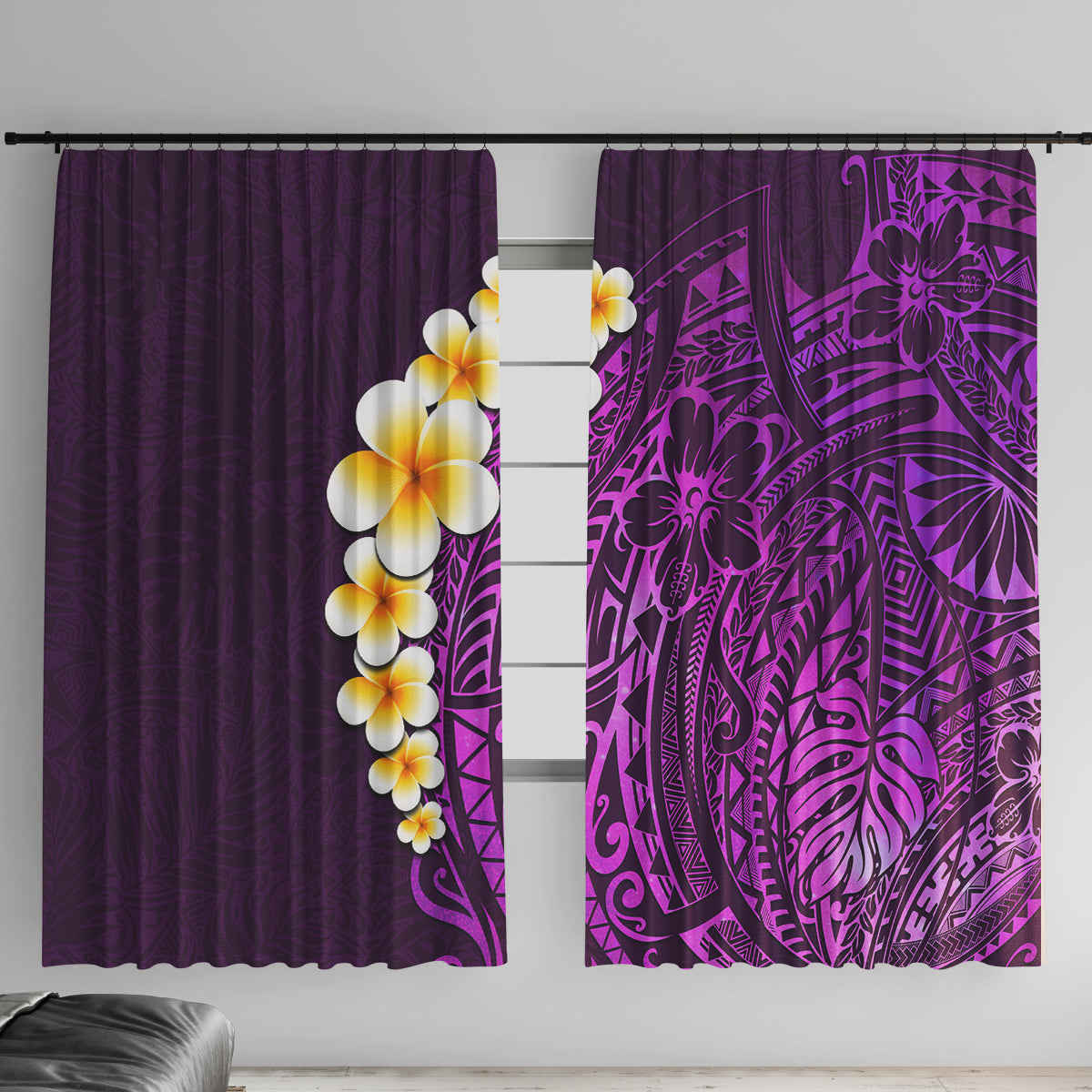 Purple Tropical Plumeria With Galaxy Polynesian Art Window Curtain - Wonder Print Shop