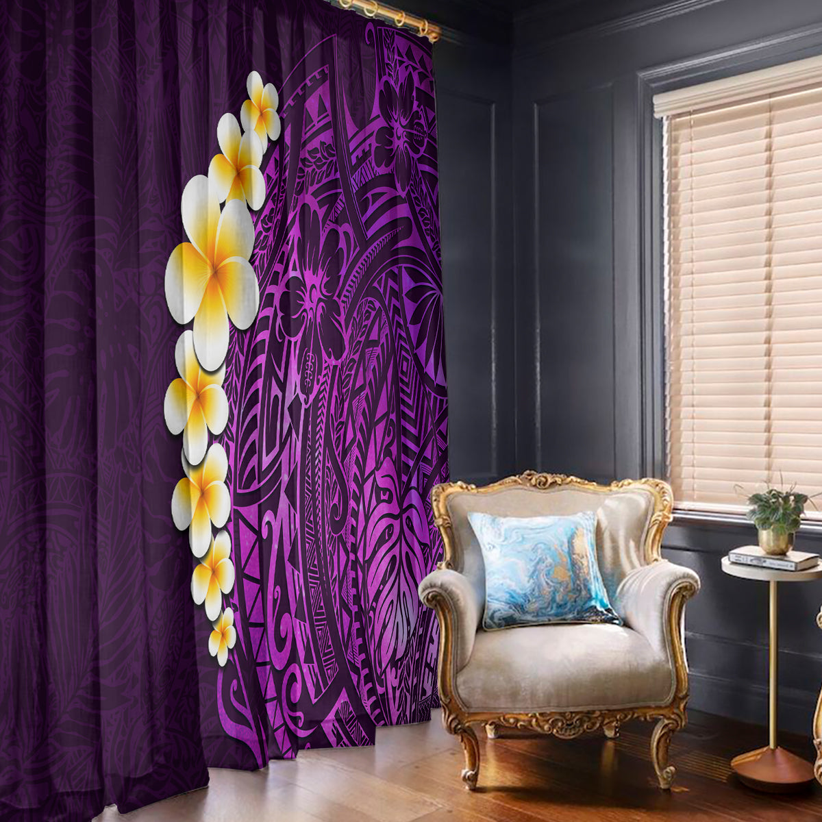 Purple Tropical Plumeria With Galaxy Polynesian Art Window Curtain - Wonder Print Shop