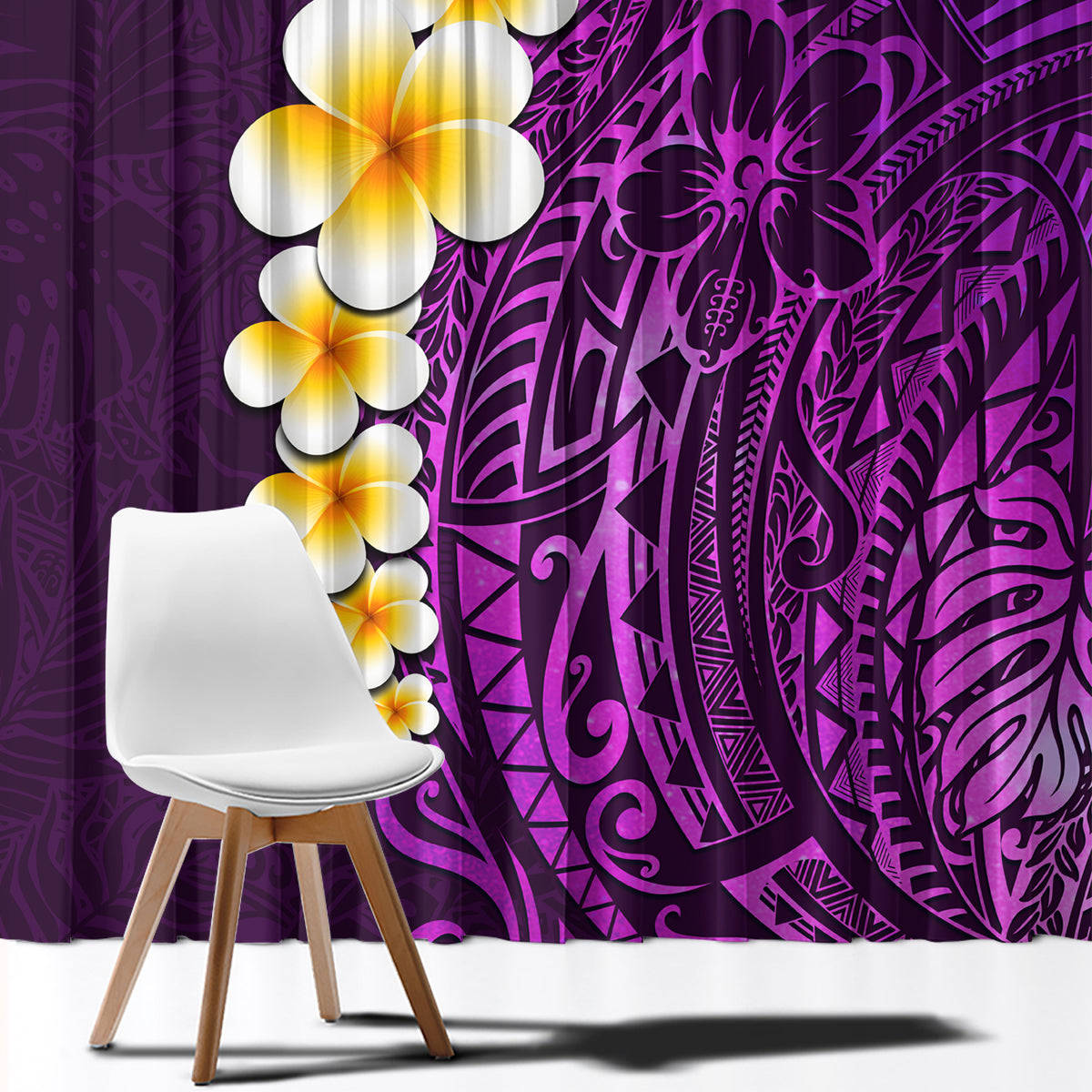 Purple Tropical Plumeria With Galaxy Polynesian Art Window Curtain - Wonder Print Shop