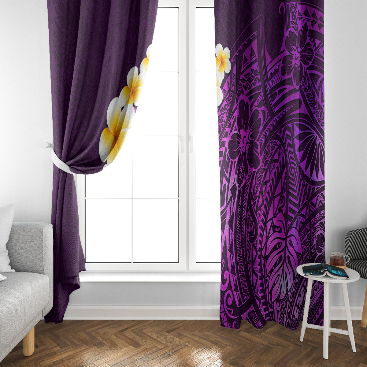 Purple Tropical Plumeria With Galaxy Polynesian Art Window Curtain - Wonder Print Shop