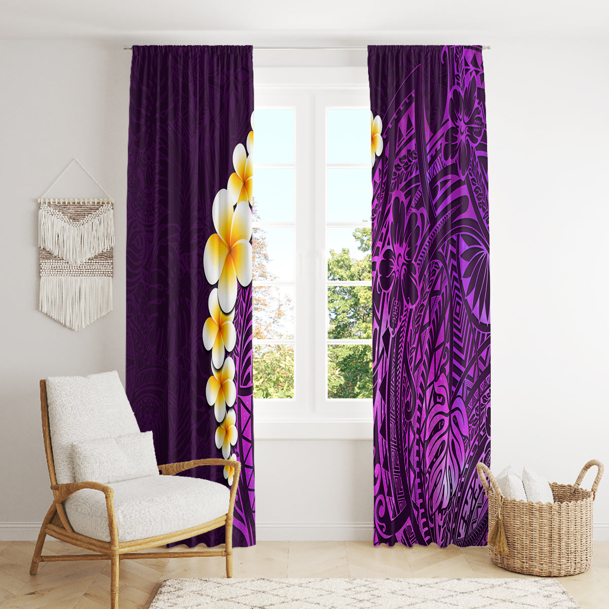 Purple Tropical Plumeria With Galaxy Polynesian Art Window Curtain - Wonder Print Shop