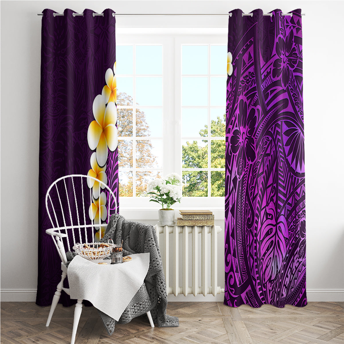 Purple Tropical Plumeria With Galaxy Polynesian Art Window Curtain - Wonder Print Shop