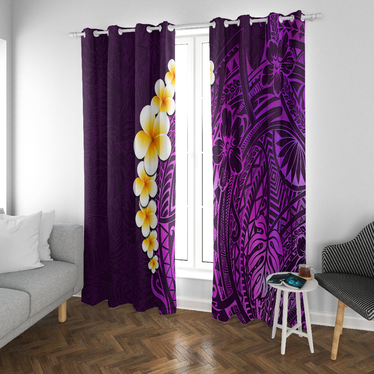 Purple Tropical Plumeria With Galaxy Polynesian Art Window Curtain - Wonder Print Shop