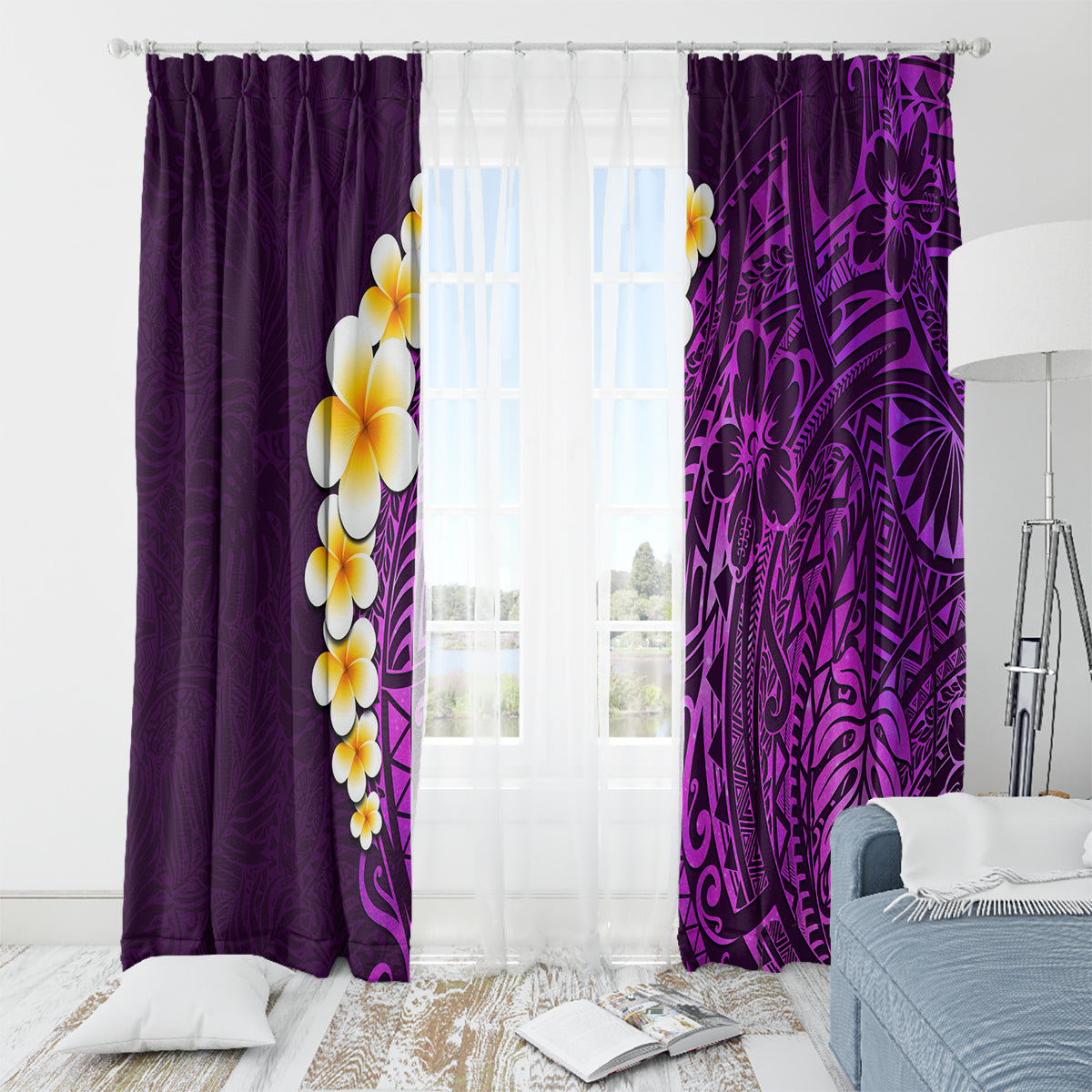 Purple Tropical Plumeria With Galaxy Polynesian Art Window Curtain - Wonder Print Shop