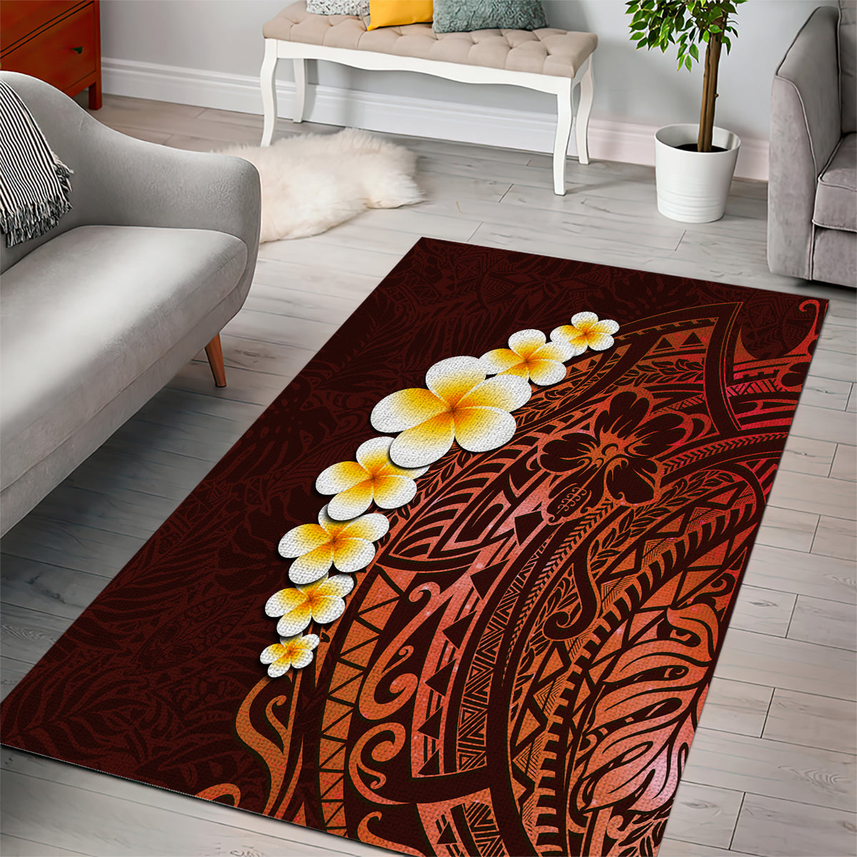 Red Tropical Plumeria With Galaxy Polynesian Art Area Rug - Wonder Print Shop