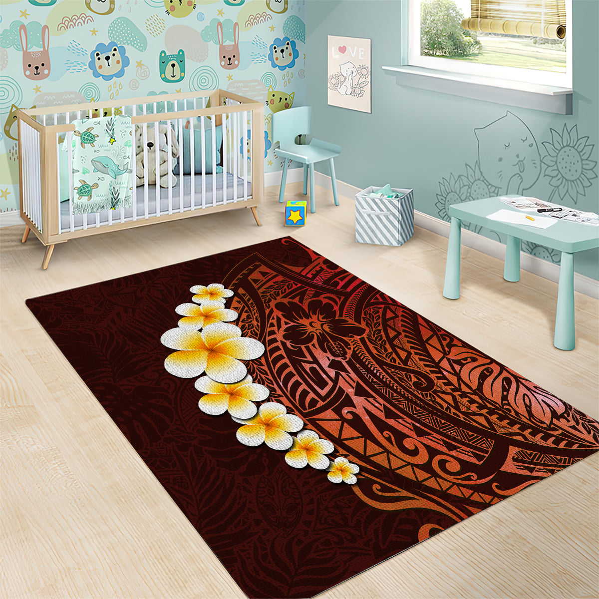 Red Tropical Plumeria With Galaxy Polynesian Art Area Rug - Wonder Print Shop