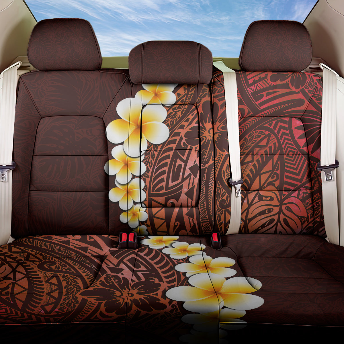 Red Tropical Plumeria With Galaxy Polynesian Art Back Car Seat Cover - Wonder Print Shop