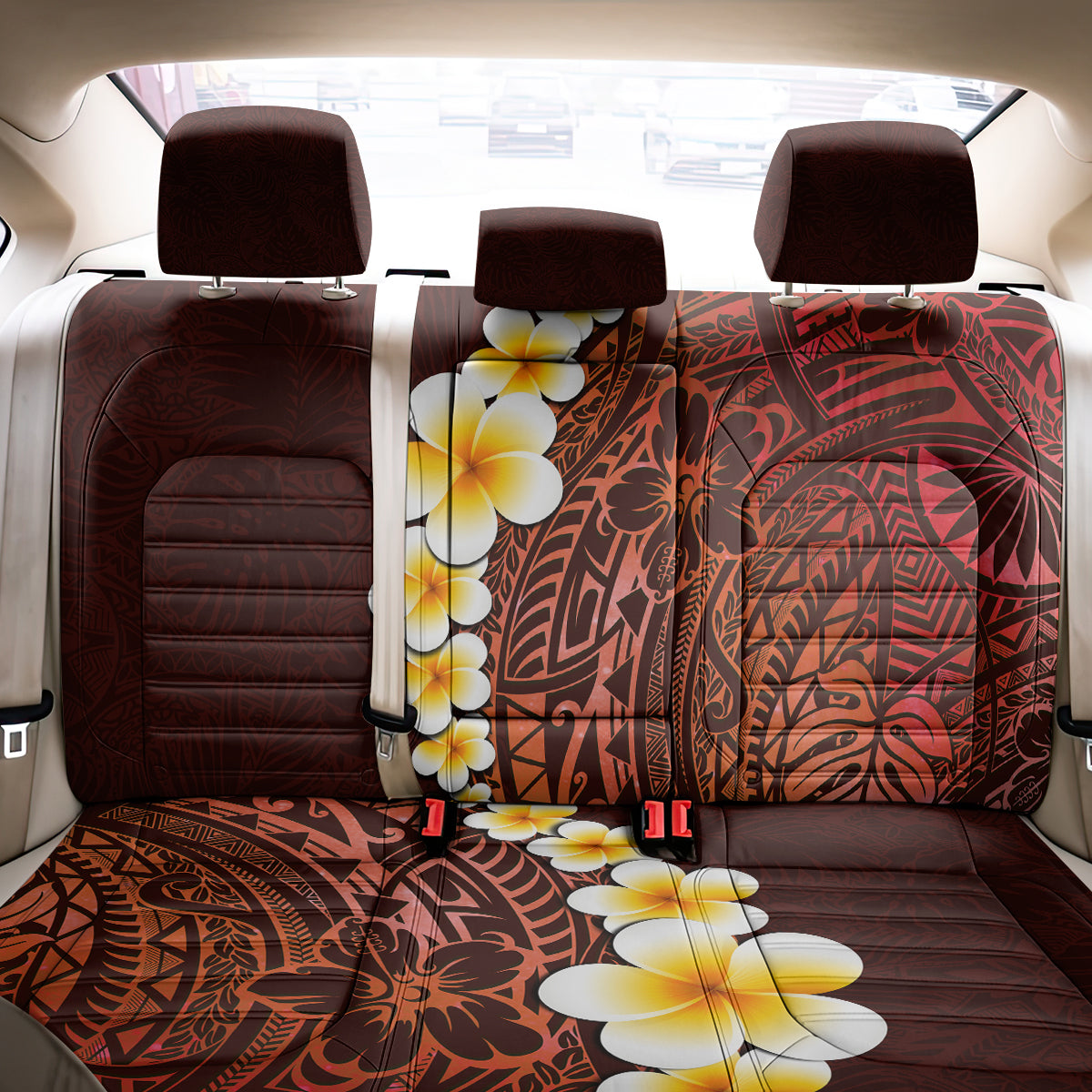 Red Tropical Plumeria With Galaxy Polynesian Art Back Car Seat Cover - Wonder Print Shop