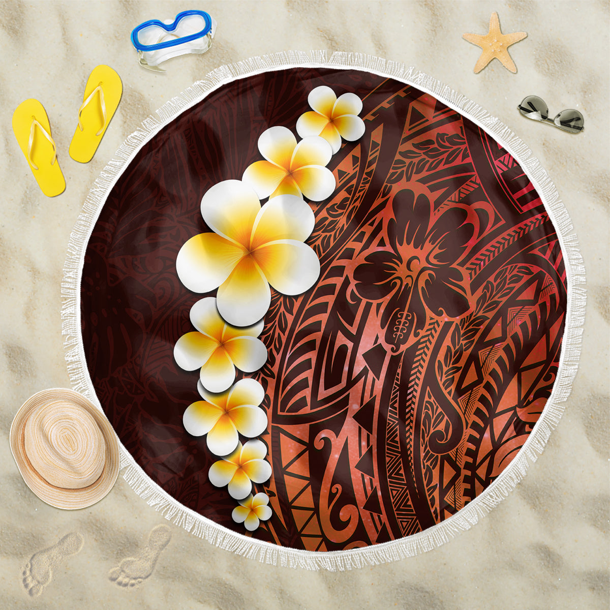 Red Tropical Plumeria With Galaxy Polynesian Art Beach Blanket - Wonder Print Shop