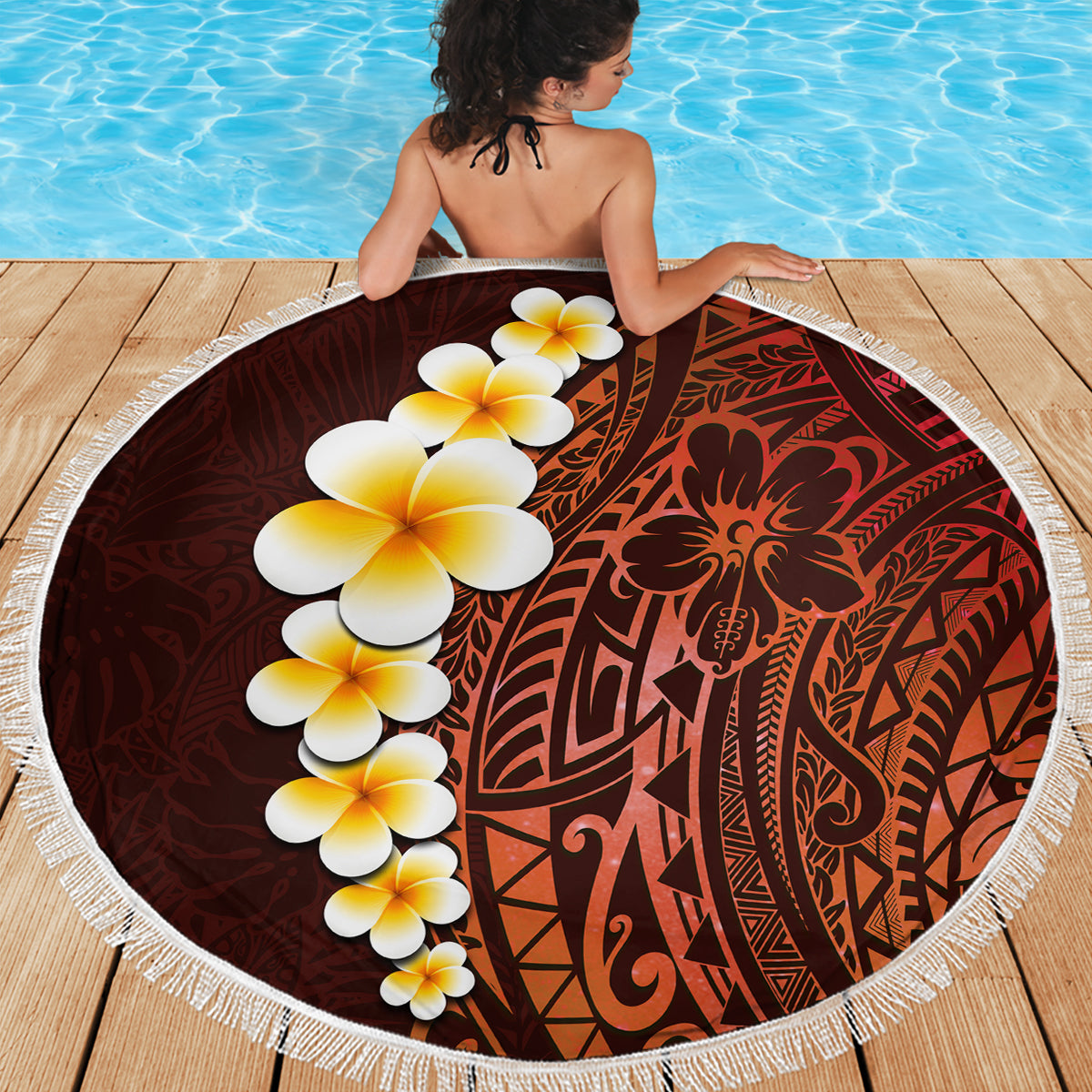 Red Tropical Plumeria With Galaxy Polynesian Art Beach Blanket - Wonder Print Shop