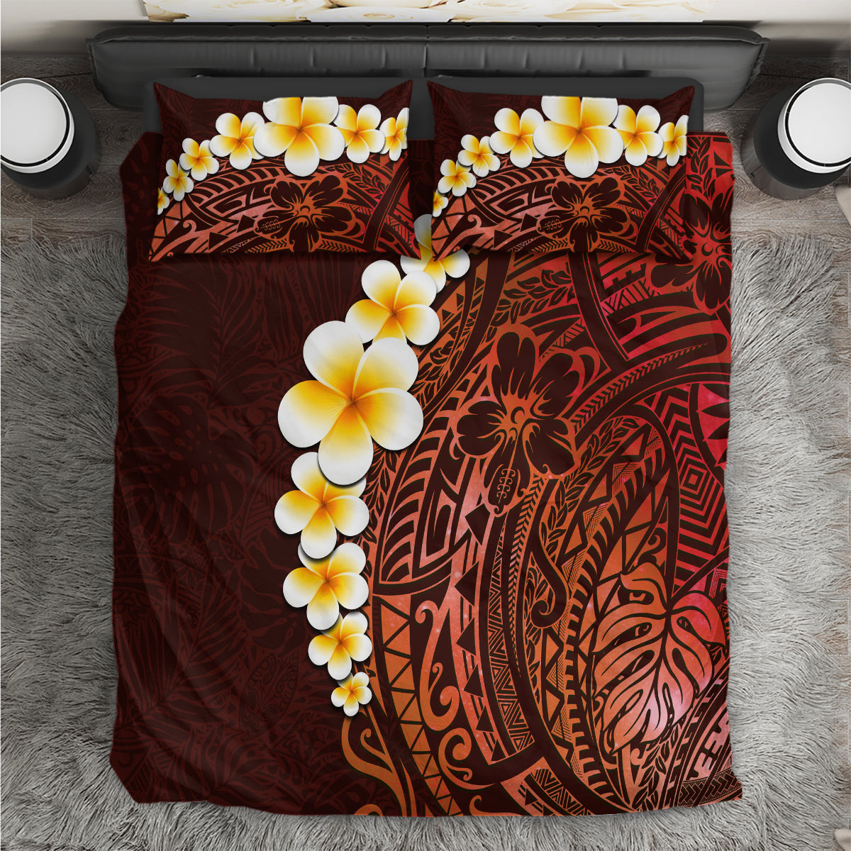 Red Tropical Plumeria With Galaxy Polynesian Art Bedding Set - Wonder Print Shop