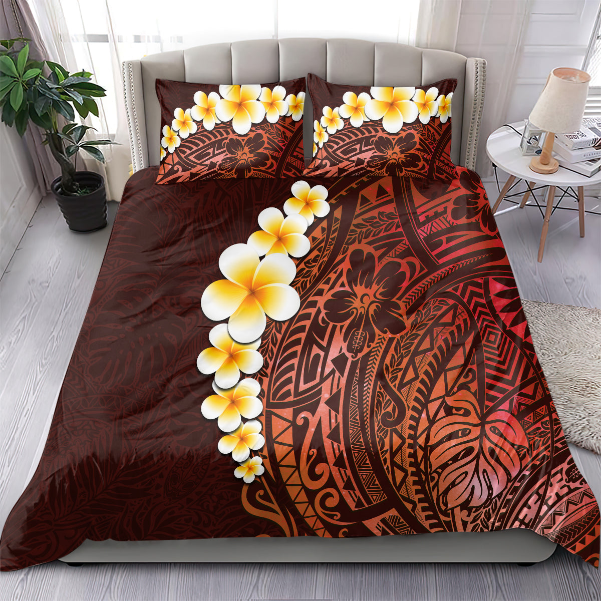 Red Tropical Plumeria With Galaxy Polynesian Art Bedding Set - Wonder Print Shop