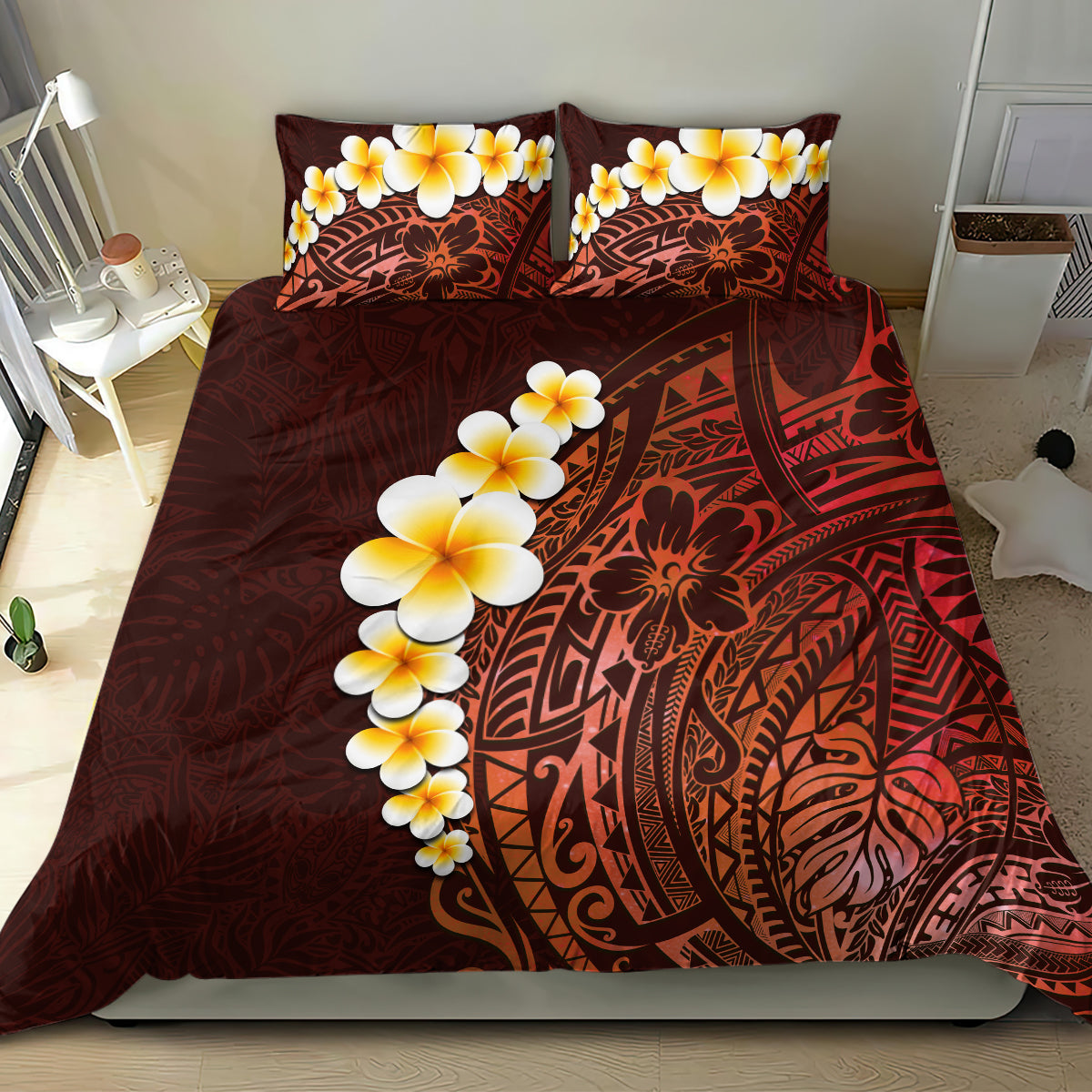Red Tropical Plumeria With Galaxy Polynesian Art Bedding Set - Wonder Print Shop