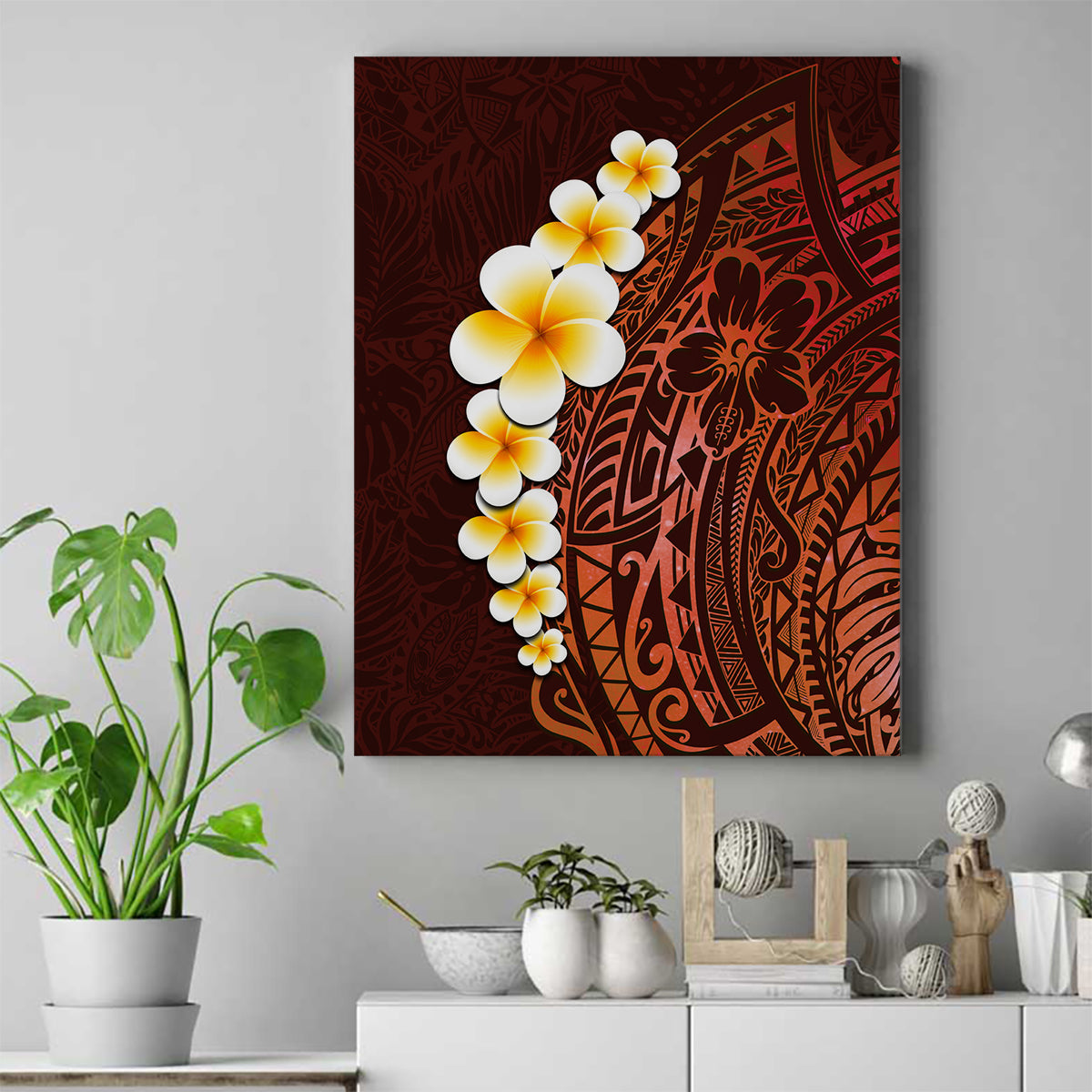 Red Tropical Plumeria With Galaxy Polynesian Art Canvas Wall Art - Wonder Print Shop