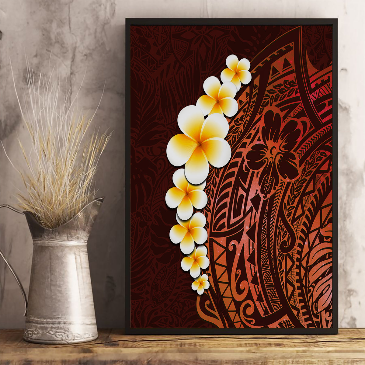 Red Tropical Plumeria With Galaxy Polynesian Art Canvas Wall Art - Wonder Print Shop