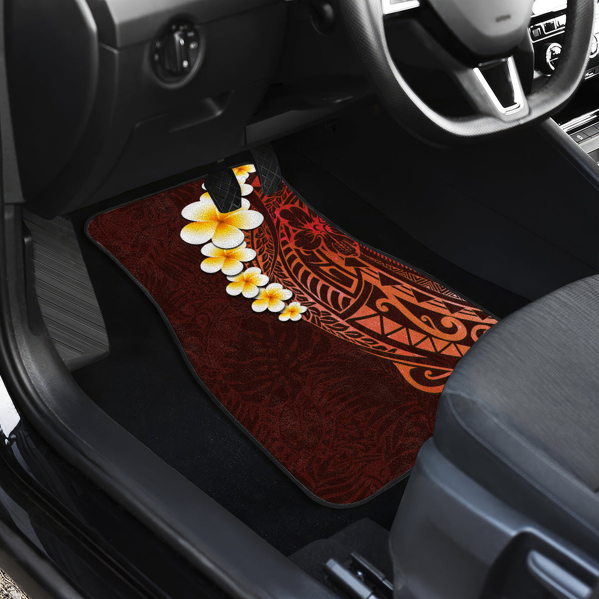 Red Tropical Plumeria With Galaxy Polynesian Art Car Mats - Wonder Print Shop