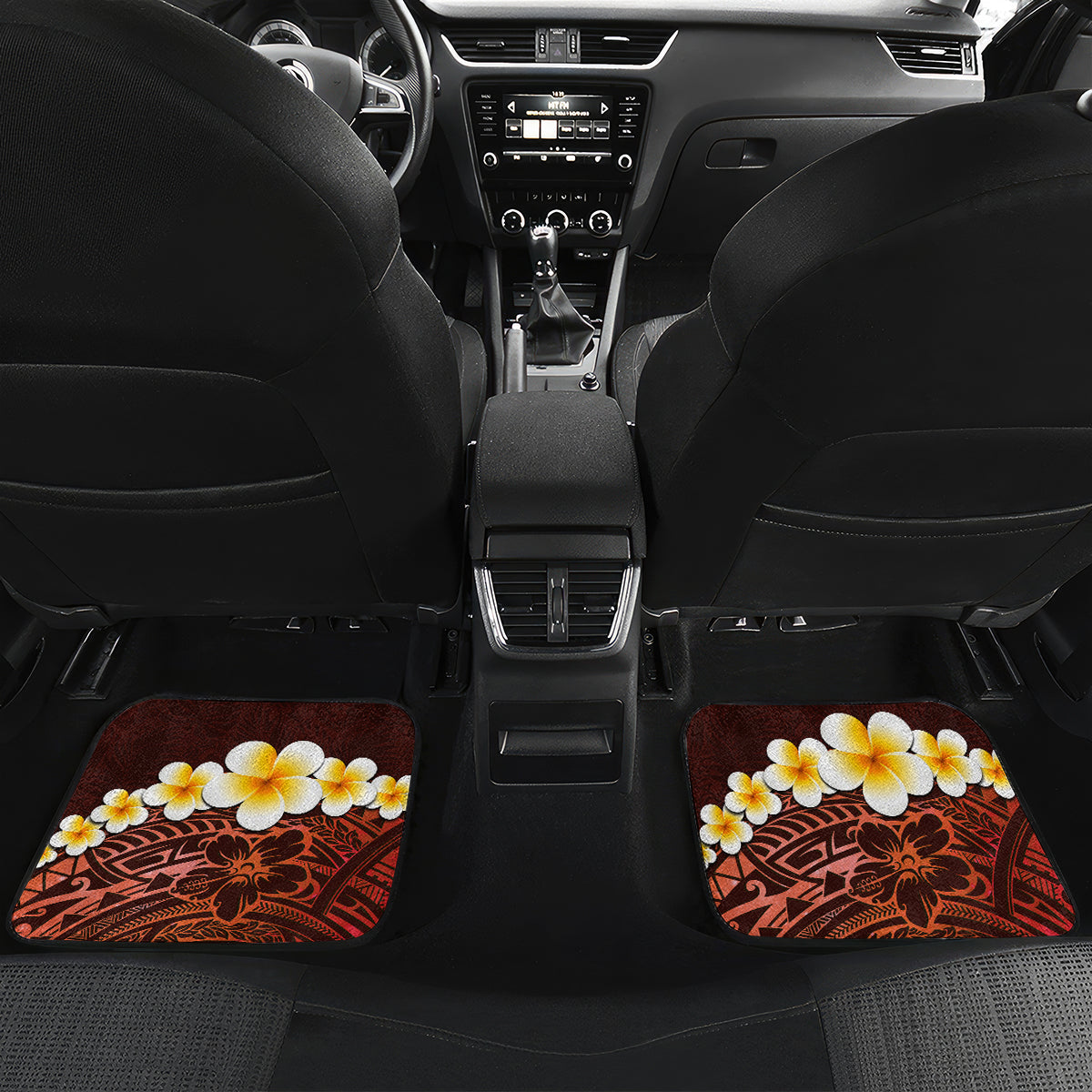 Red Tropical Plumeria With Galaxy Polynesian Art Car Mats - Wonder Print Shop