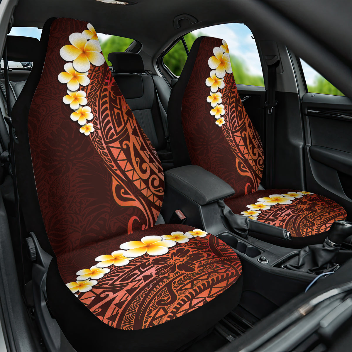 Red Tropical Plumeria With Galaxy Polynesian Art Car Seat Cover - Wonder Print Shop