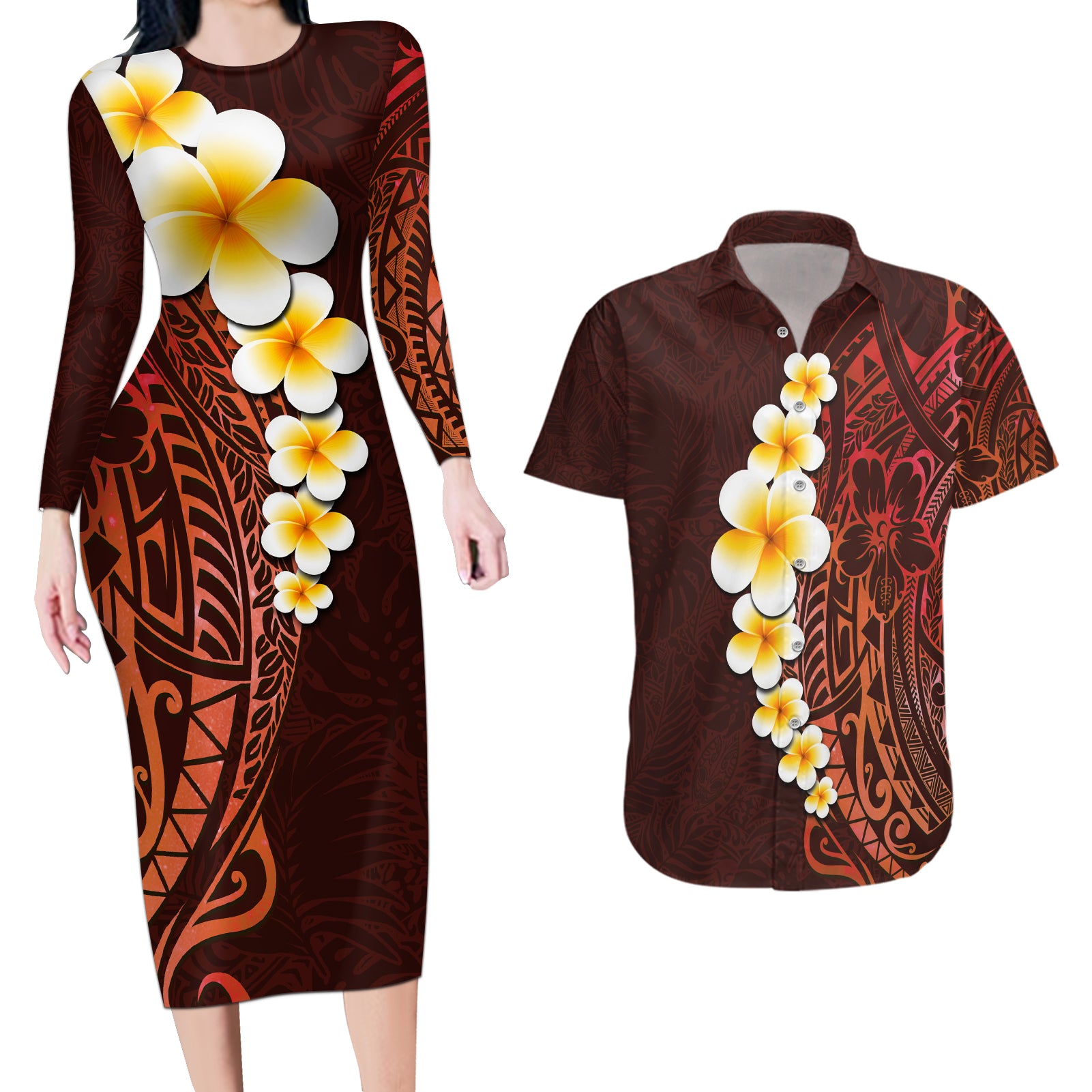 Red Tropical Plumeria With Galaxy Polynesian Art Couples Matching Long Sleeve Bodycon Dress and Hawaiian Shirt - Wonder Print Shop