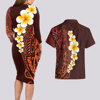 Red Tropical Plumeria With Galaxy Polynesian Art Couples Matching Long Sleeve Bodycon Dress and Hawaiian Shirt - Wonder Print Shop