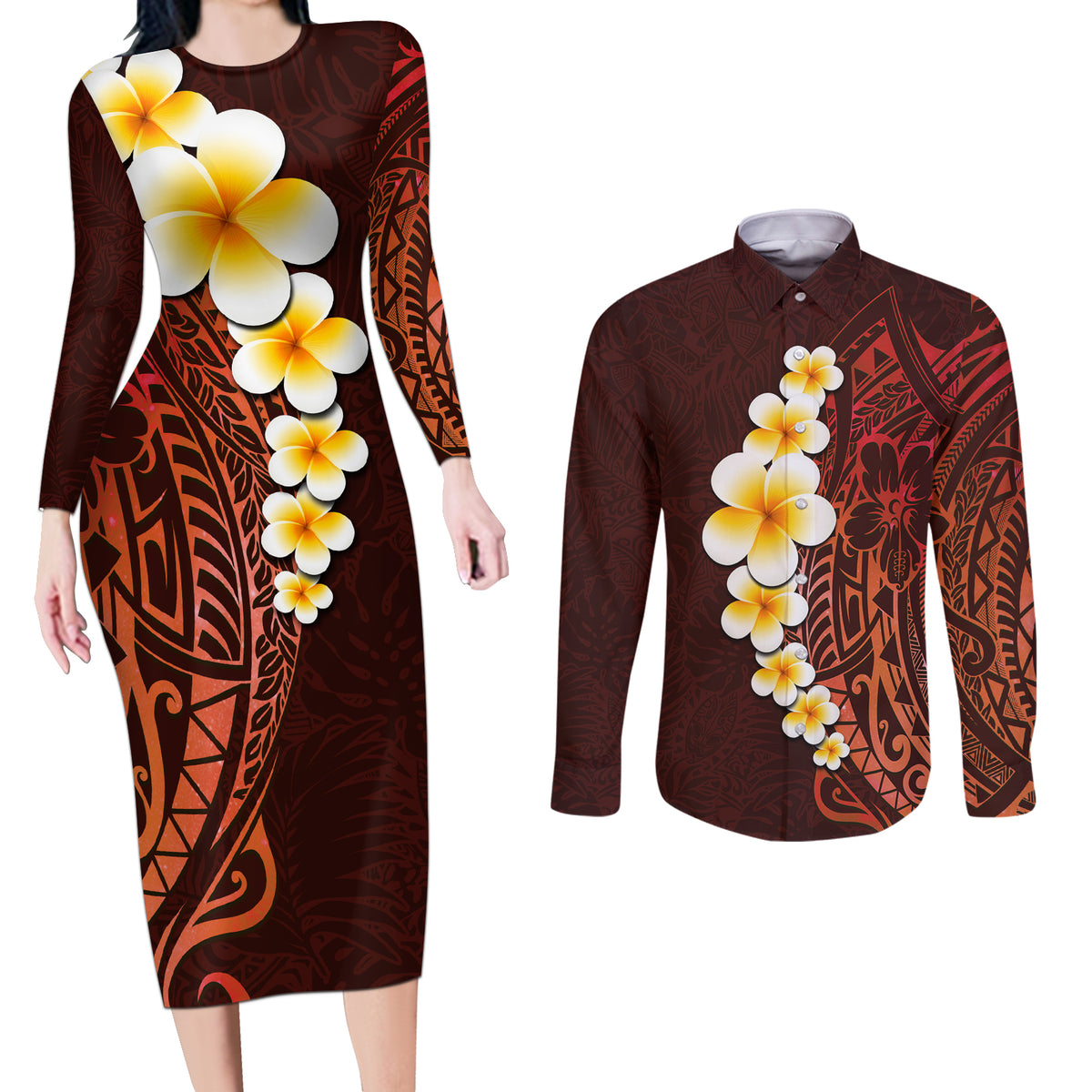 Red Tropical Plumeria With Galaxy Polynesian Art Couples Matching Long Sleeve Bodycon Dress and Long Sleeve Button Shirt - Wonder Print Shop