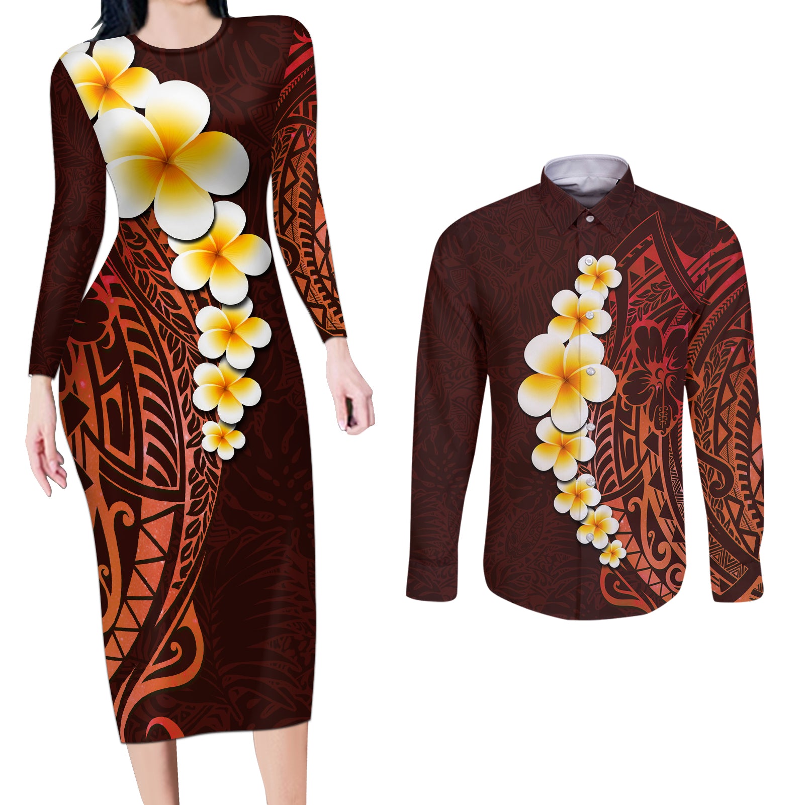 Red Tropical Plumeria With Galaxy Polynesian Art Couples Matching Long Sleeve Bodycon Dress and Long Sleeve Button Shirt - Wonder Print Shop